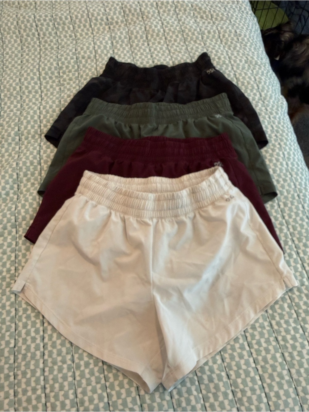 Women’s Elastic Waist Athletic Shorts - Cream, Maroon, Olive, Black camo 4 pairs